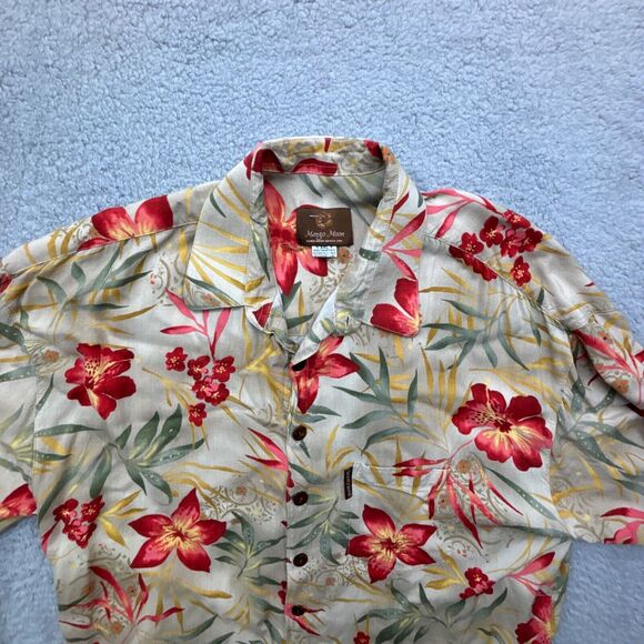 Mango Moon Shirt Men XXL Beige Button Up Floral Print Hawaiian Hibiscus - Picture 3 of 12